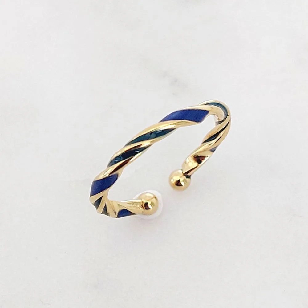 Bague torsadée bleu en acier inoxydable doré – Bague fine ajustable pour femme