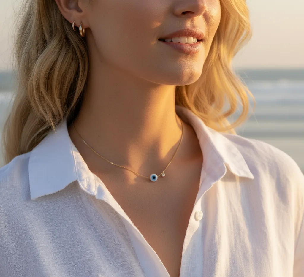 Collier ras de cou "Oeil bleu" (plaqué or)