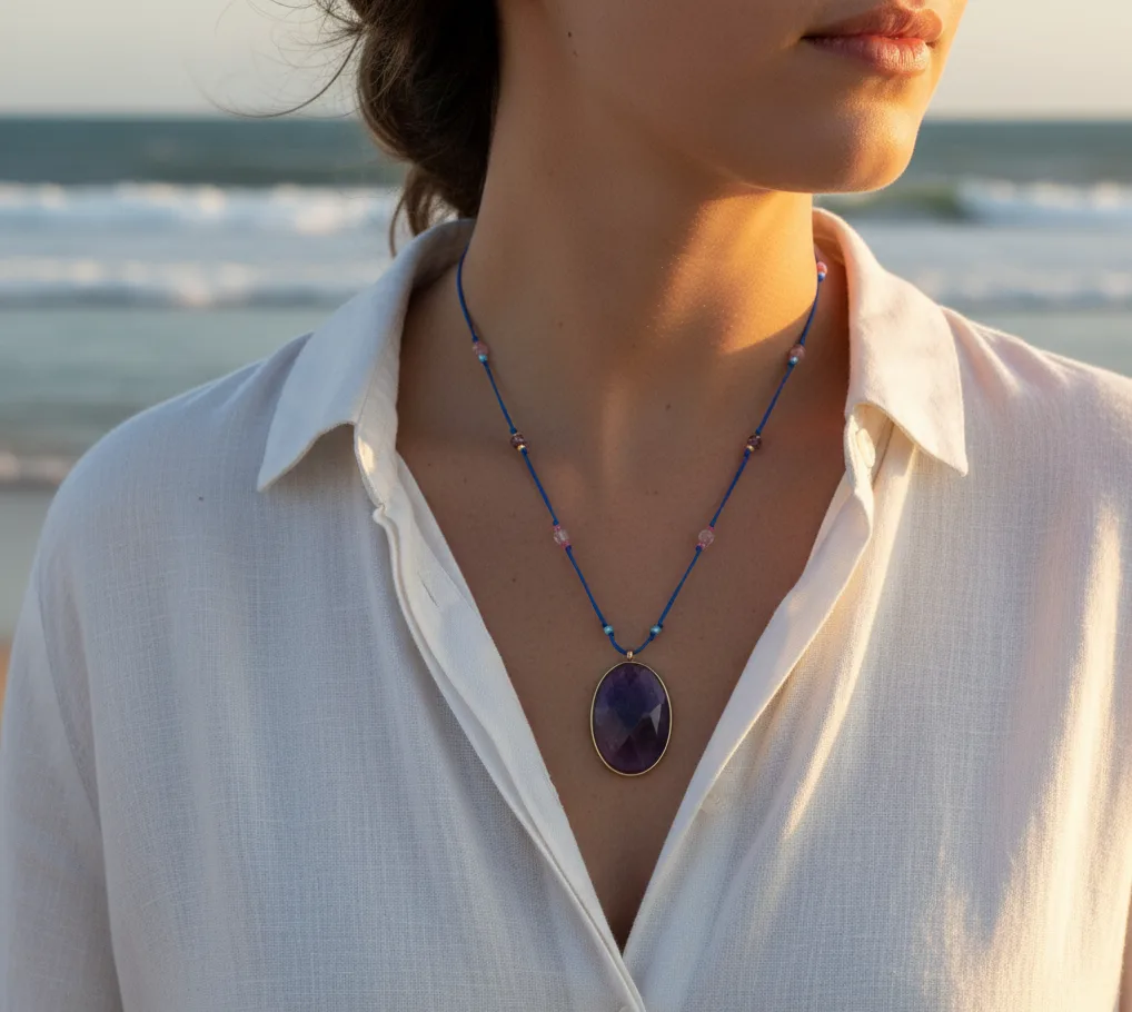 Collier sautoir pierre violette facettée