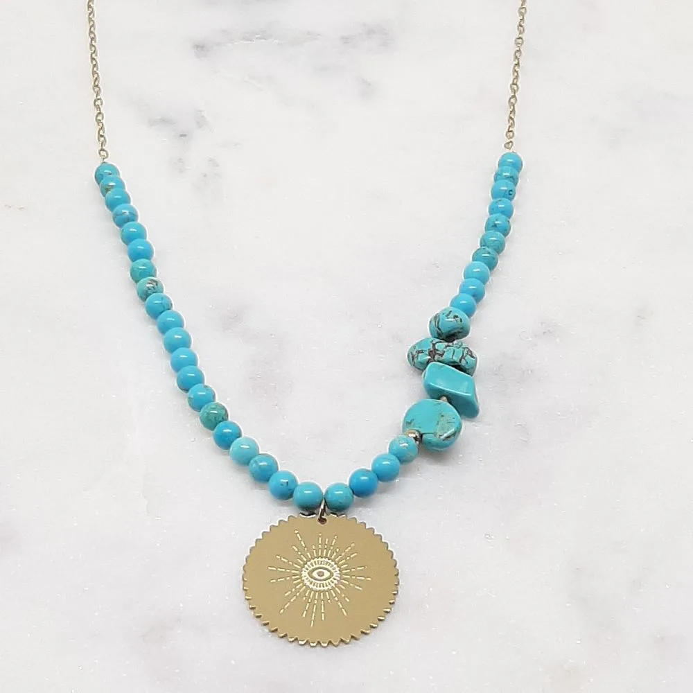 Sautoir (pierre turquoise et médaille soleil doré)