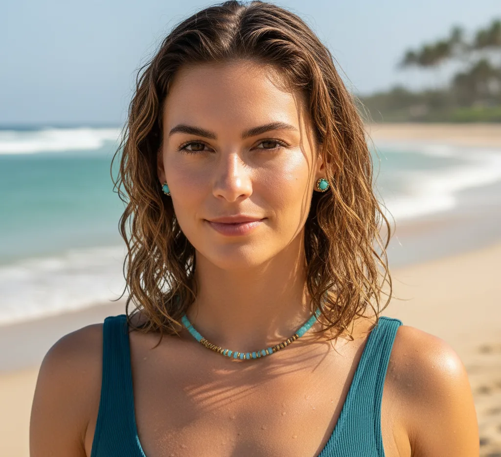 Collier surfeur (perles turquoises translucides)