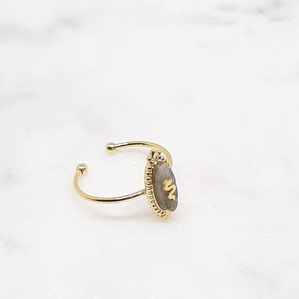 Bague fine serpent dorée pierre grise en acier inoxydable