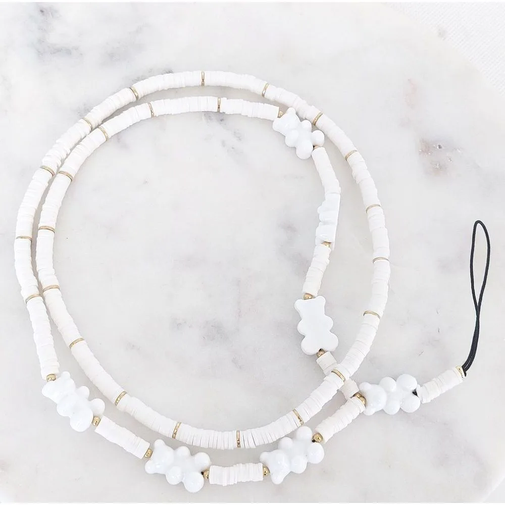 Collier téléphone perle, nounours blancs