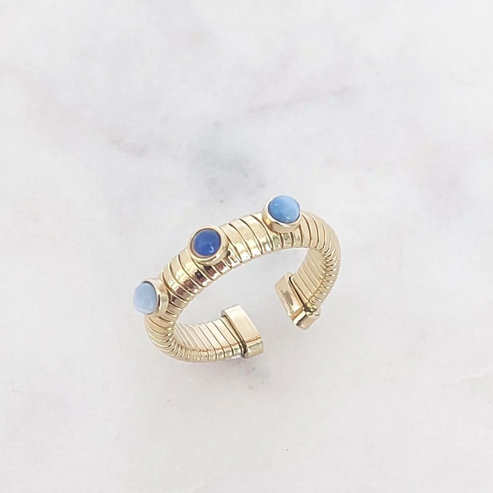 Bague dorée pierres bleues en acier inoxydable