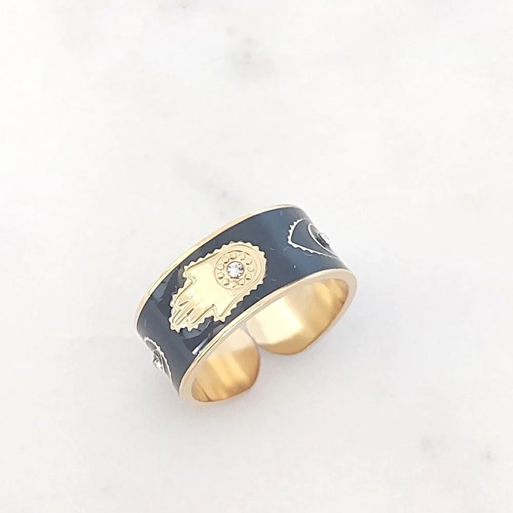 Bague jonc noire main de Fatma en acier inoxydable doré