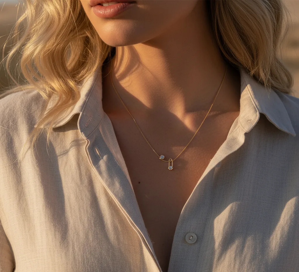 Collier épingle à nourrice et brillants (plaqué or)