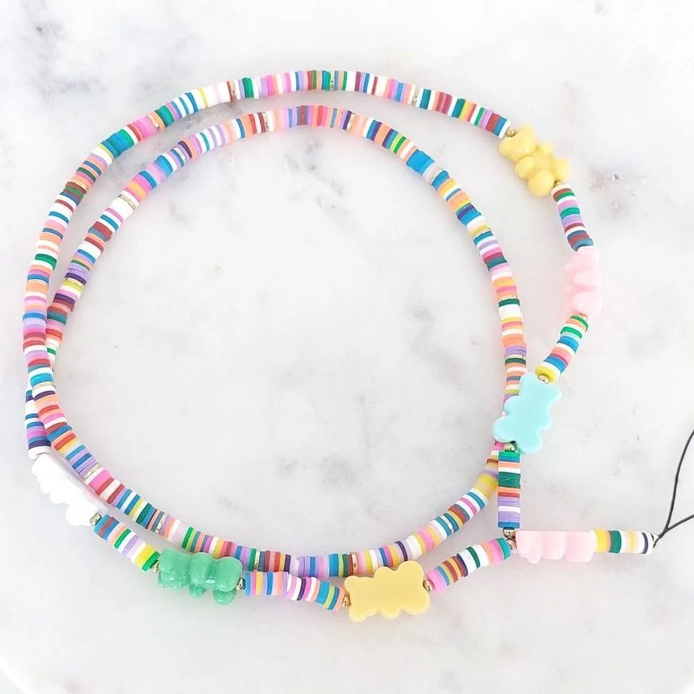Collier téléphone perle, nounours multicolores
