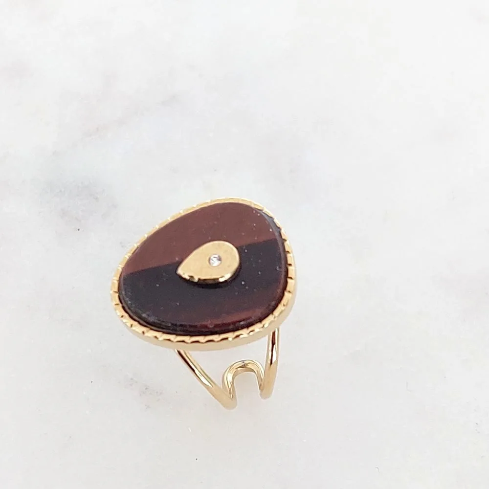 Bague œil de tigre dorée en acier inoxydable Bohm