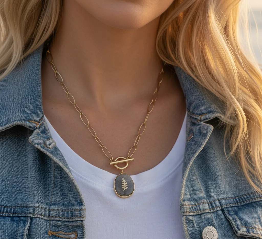 Collier maillons larges avec pendentif pierre brute (doré)