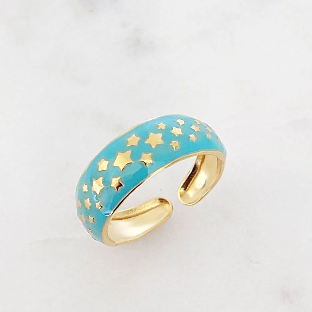 Bague jonc étoiles émail bleu ciel en acier inoxydable – Bijou fantaisie ajustable