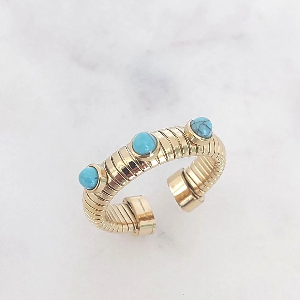 Bague dorée pierres turquoises en acier inoxydable