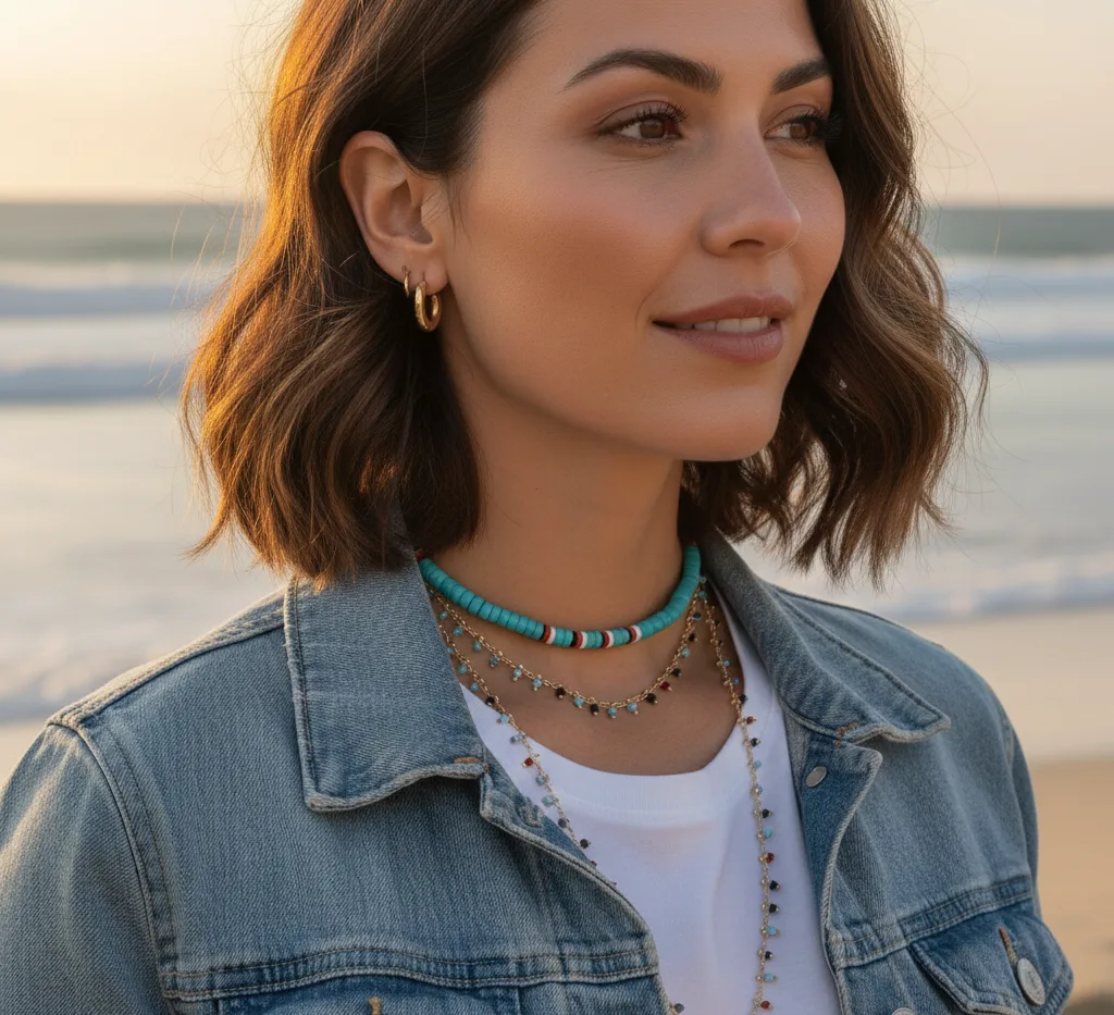 Collier surfeur double rangs (bleu turquoise)