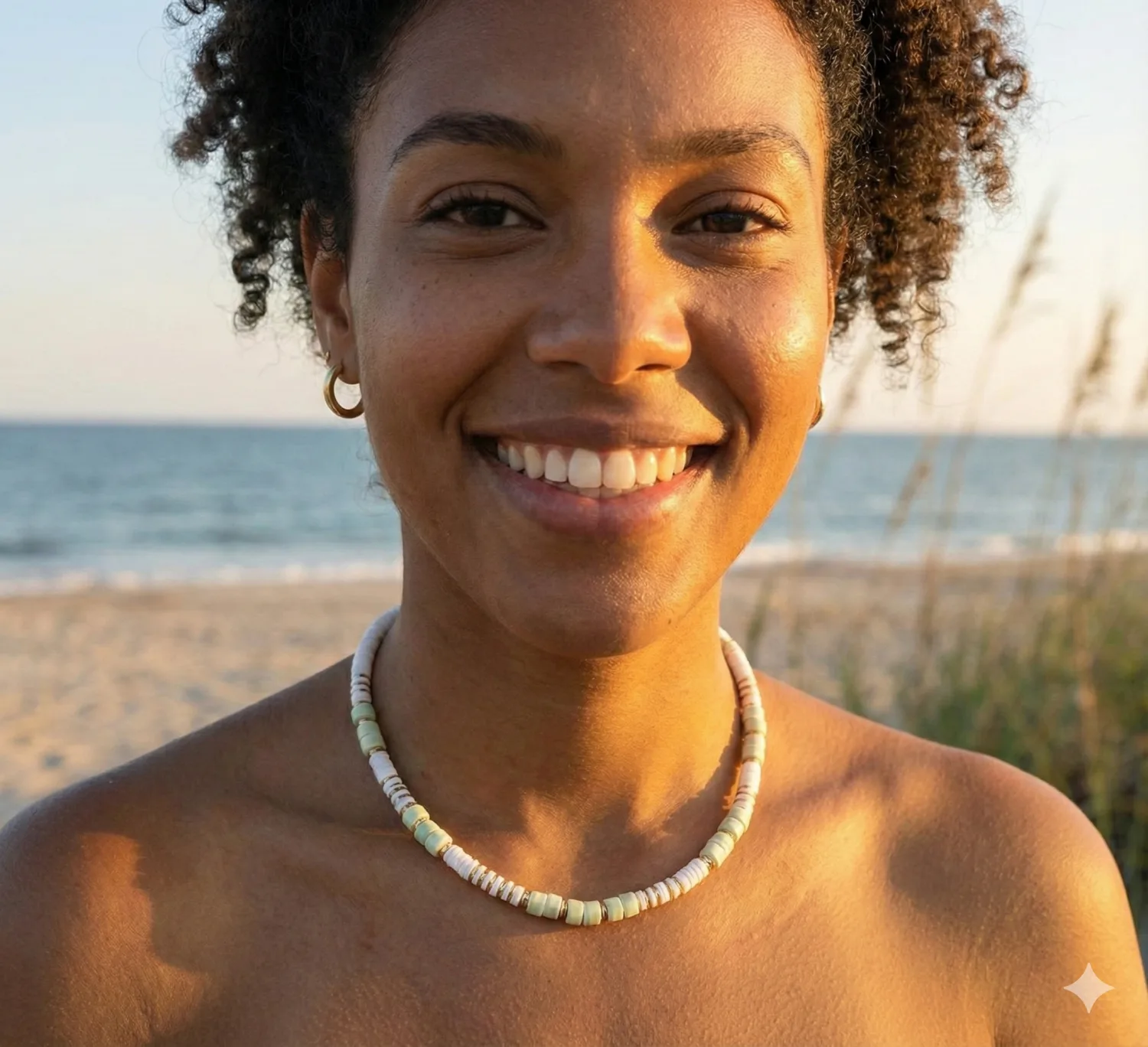 Collier surfeur Bohm - Perles en céramique vert d'eau et coquillages