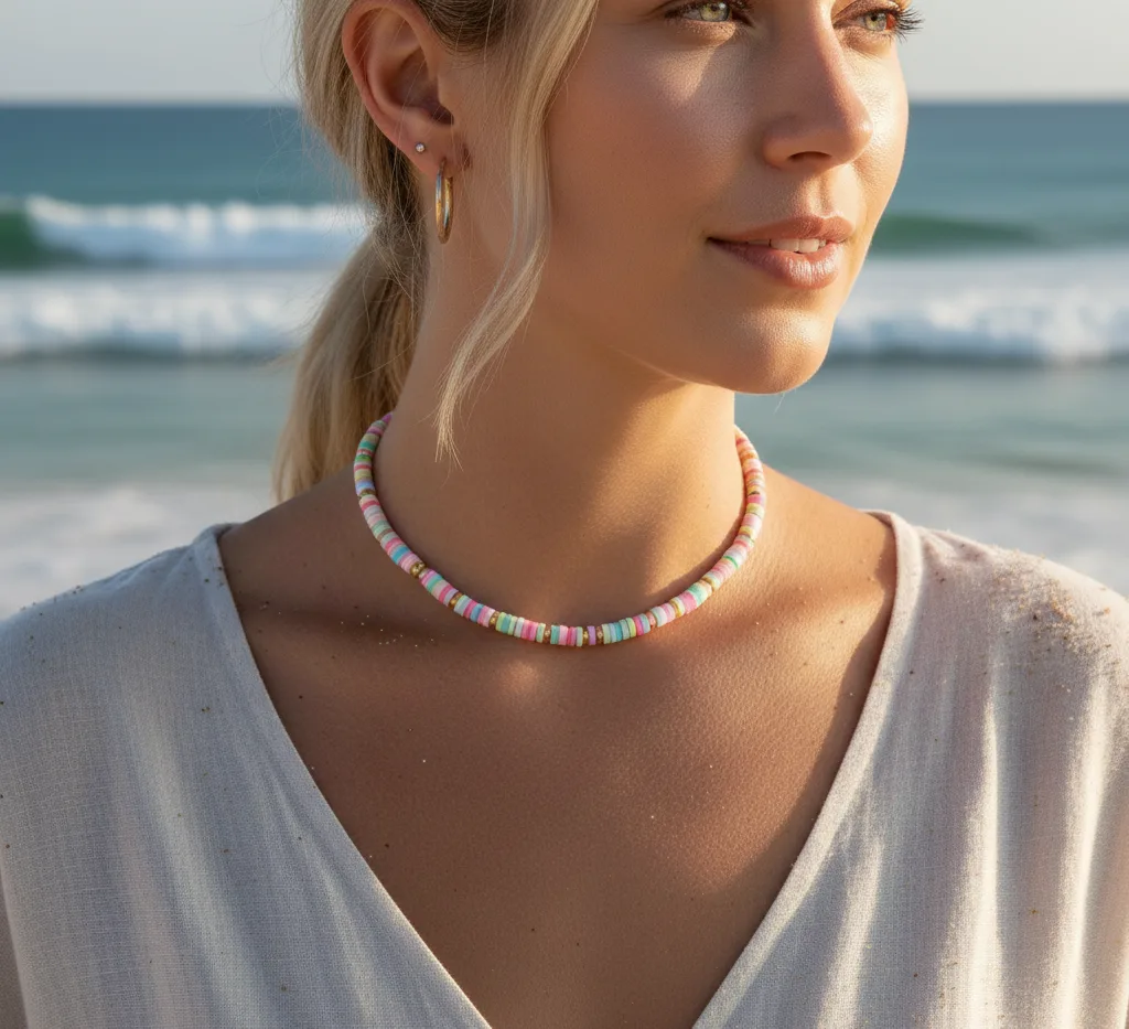 Collier surfeur (perles colorées et blanches)