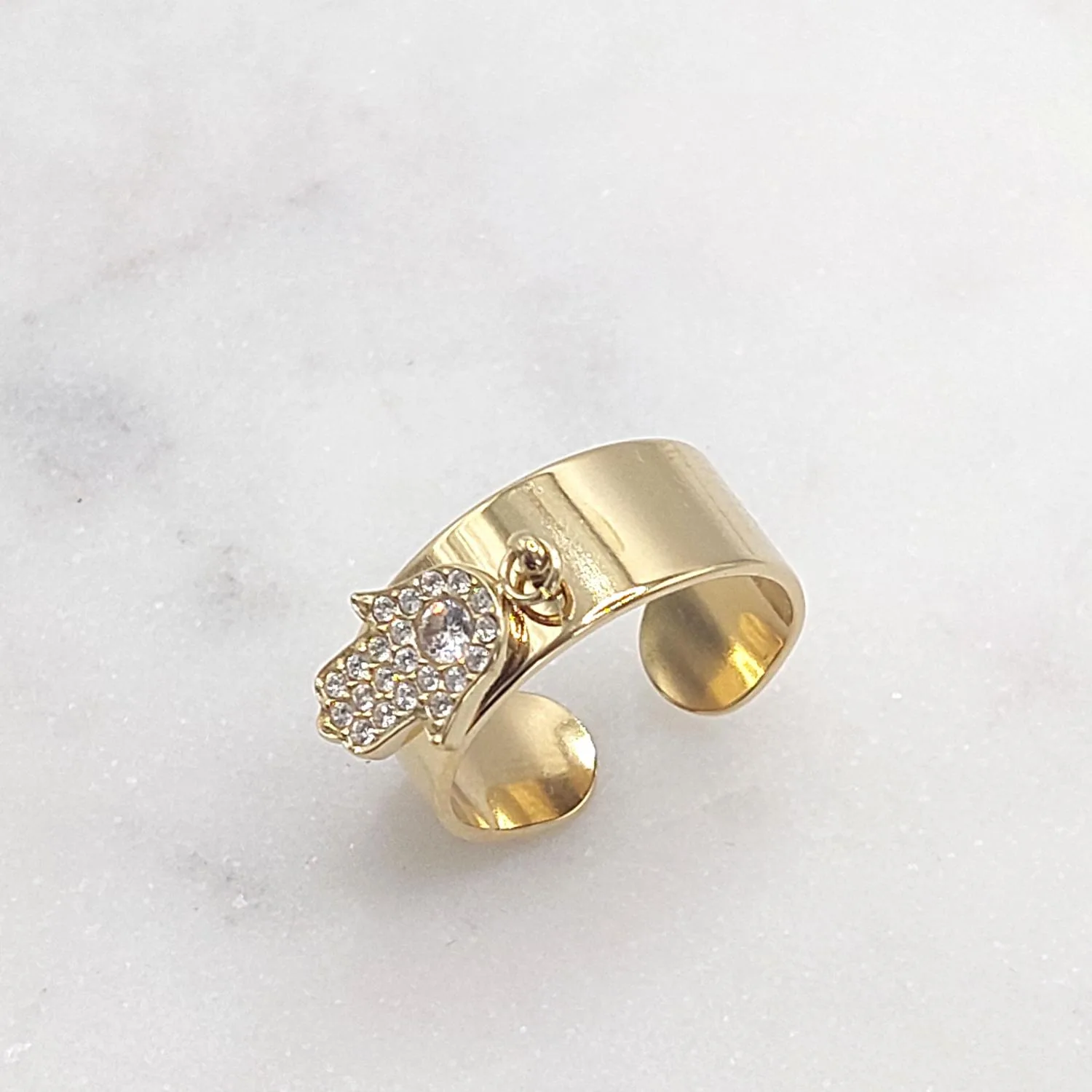Bague main de Fatma en acier inoxydable doré – Strass scintillants