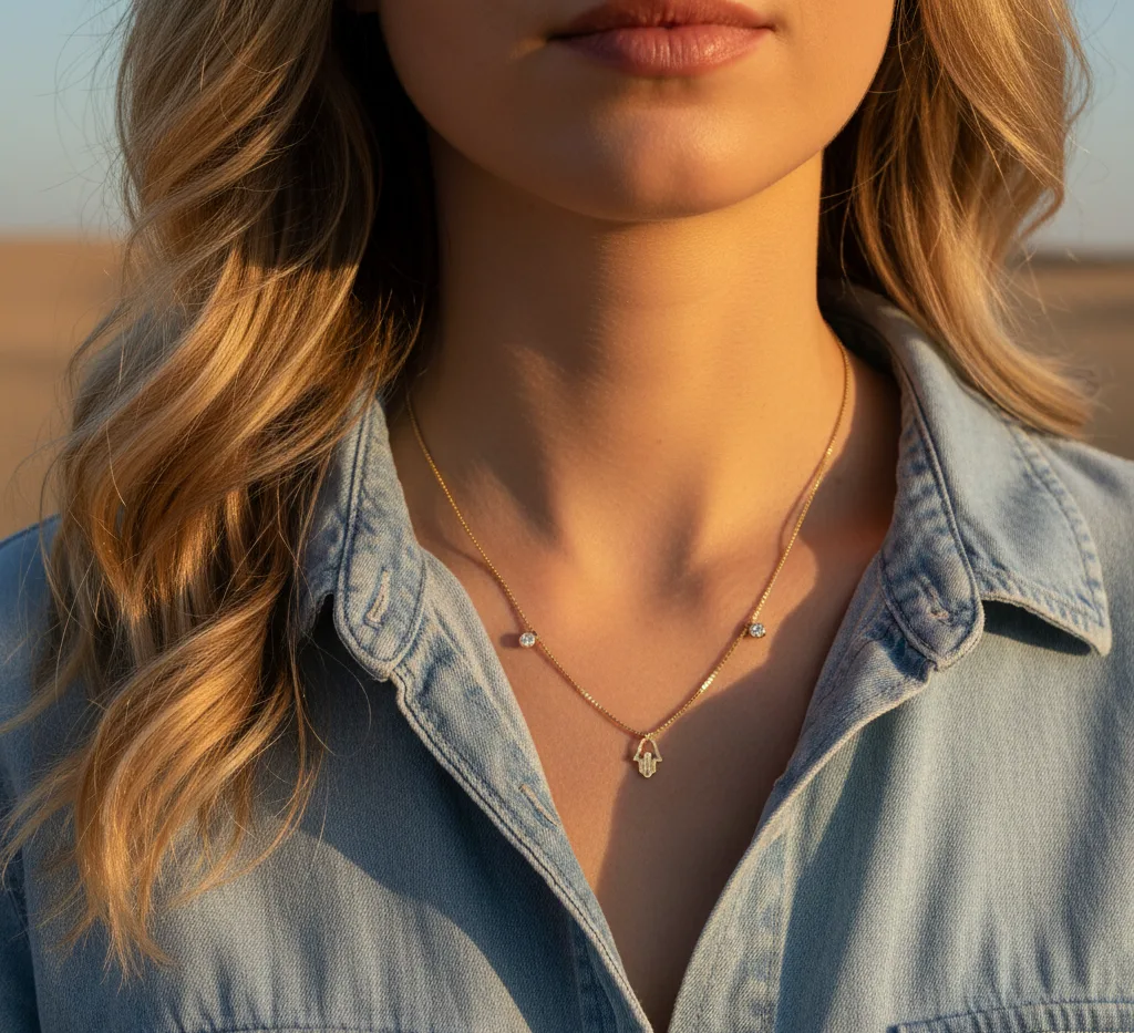 Collier main de fatma et 2 brillants (plaqué or)