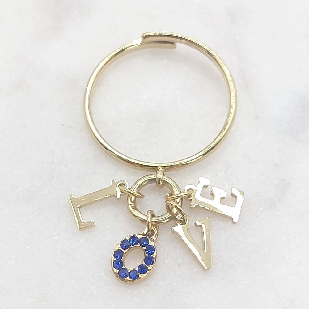 Bague breloques Love en acier inoxydable doré – Strass bleus