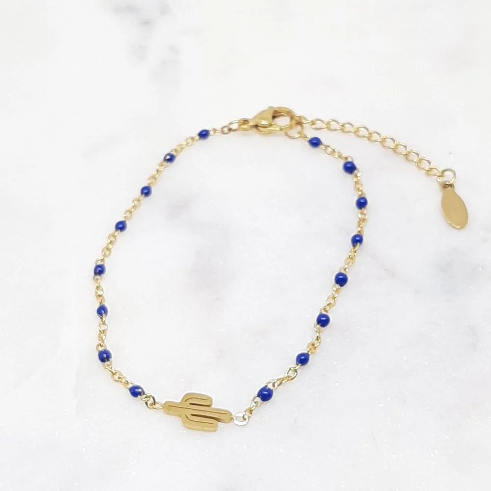 Bracelet fin avec cactus et perles bleues