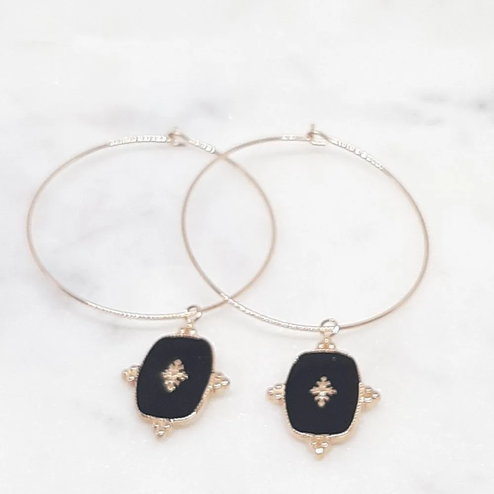 Boucles d'oreilles créoles avec pendentif noir (doré rose)