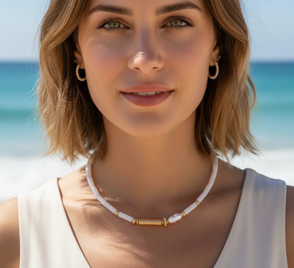 Collier pendentif doré (perles blanches cylindriques)
