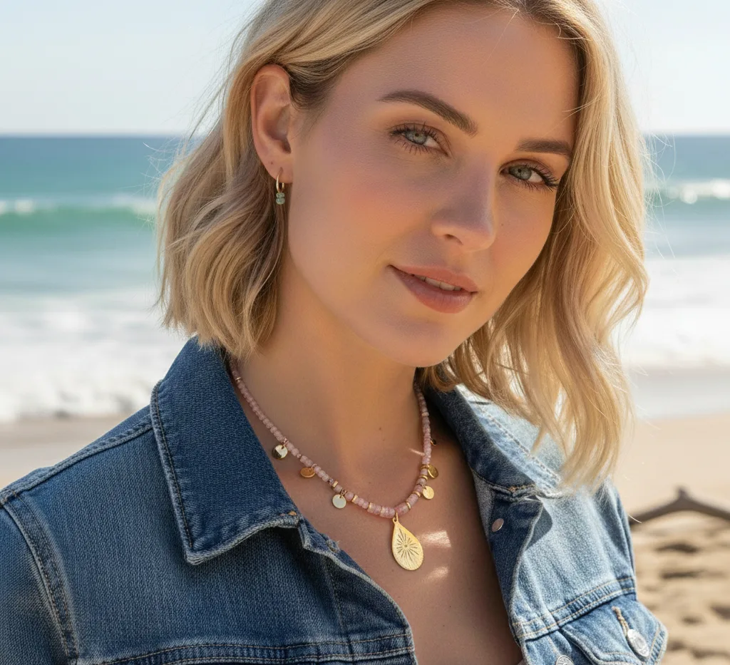 Collier pendentif (perles rose)