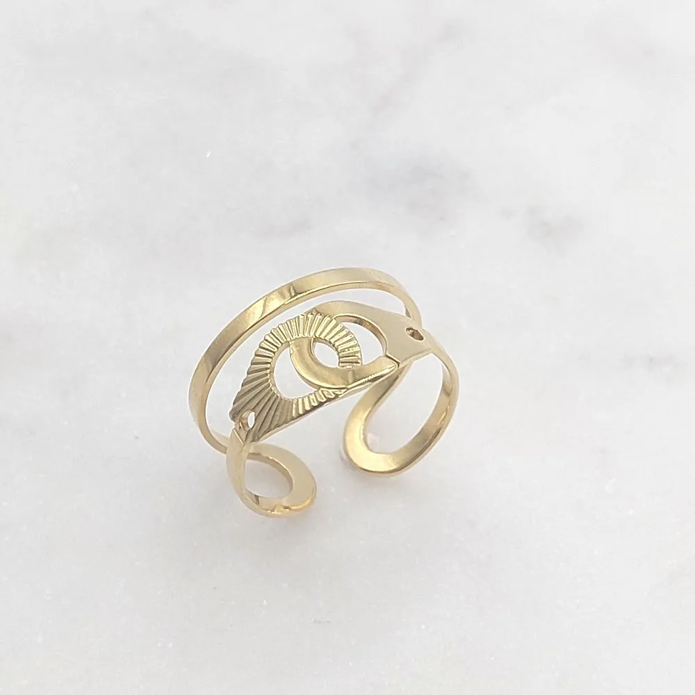 Bague Jonc Menottes en acier inoxydable doré – Motif graphique