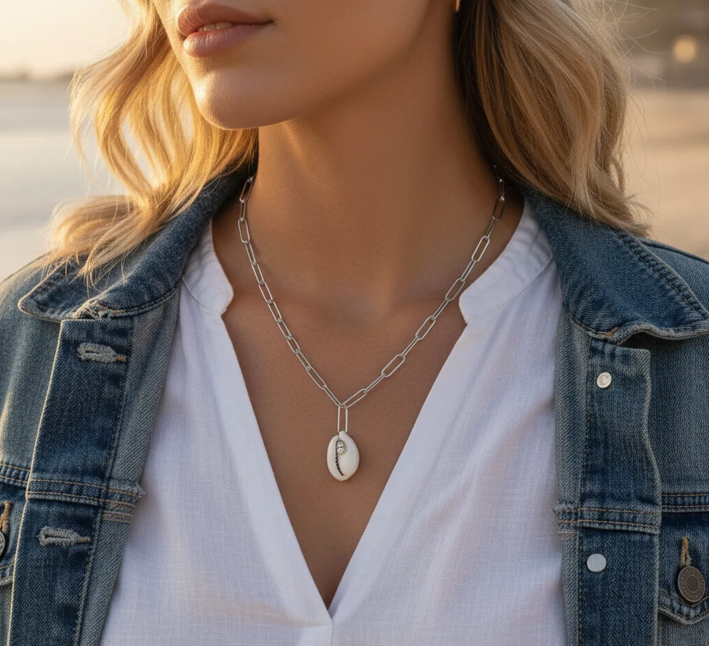 Collier maillons larges coquillage cauri (argenté)