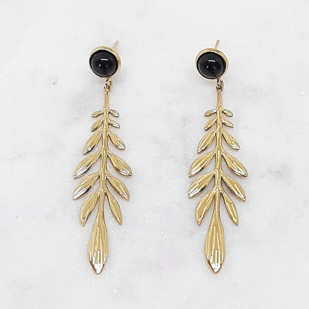 Boucles d'oreilles longues, feuille onyx/doré