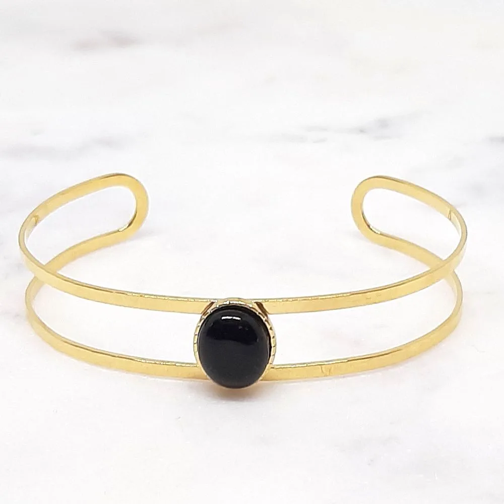 Bracelet jonc doré avec pierre d'agate noire