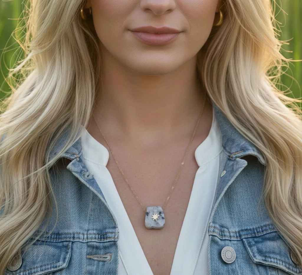 Collier pendentif pierre naturelle marbrée ornée d'une étoile (doré)