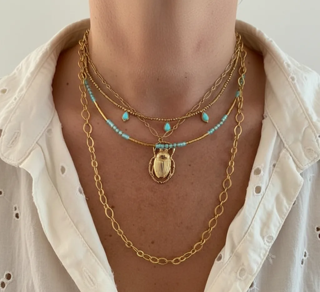 Collier 3 rangs perles turquoises (doré)