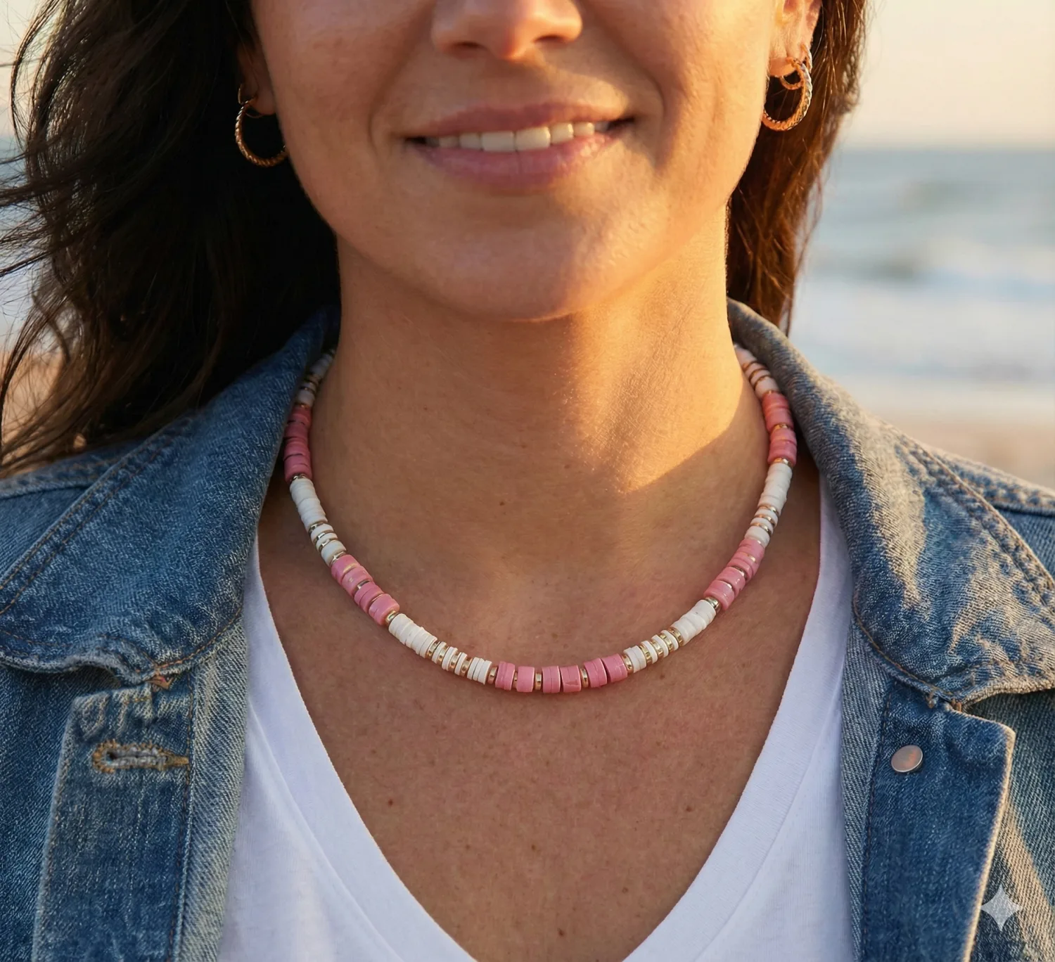 Collier surfeur Bohm - Perles en céramique rose et coquillages