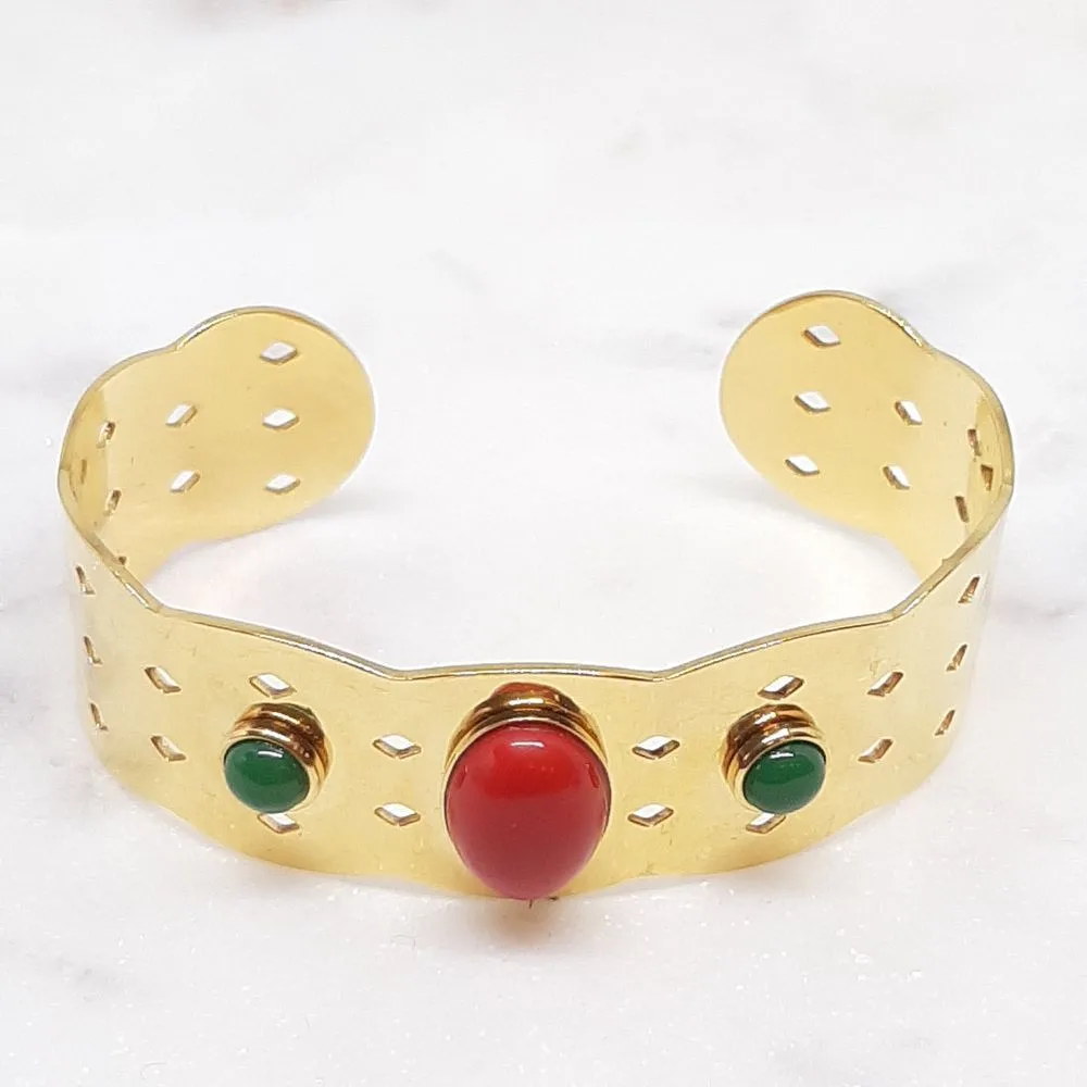 Bracelet manchette doré avec pierres colorées