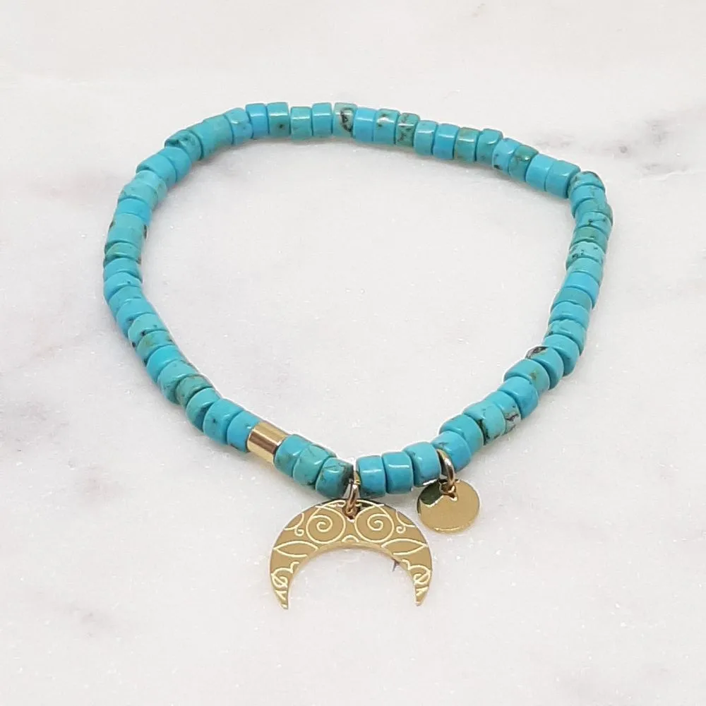 Bracelet élastique en turquoise avec médaillon croissant de Lune