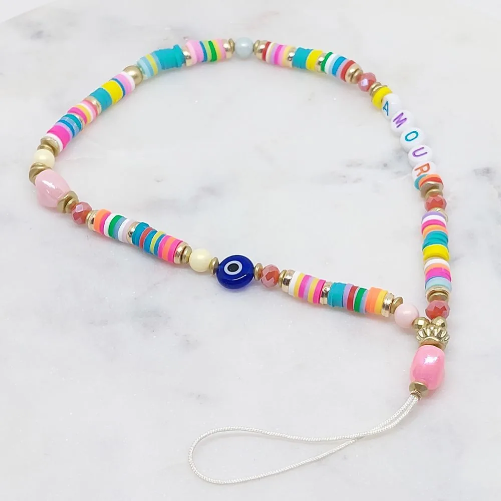 Bracelet téléphone perle, colorés "Amour et Oeil"