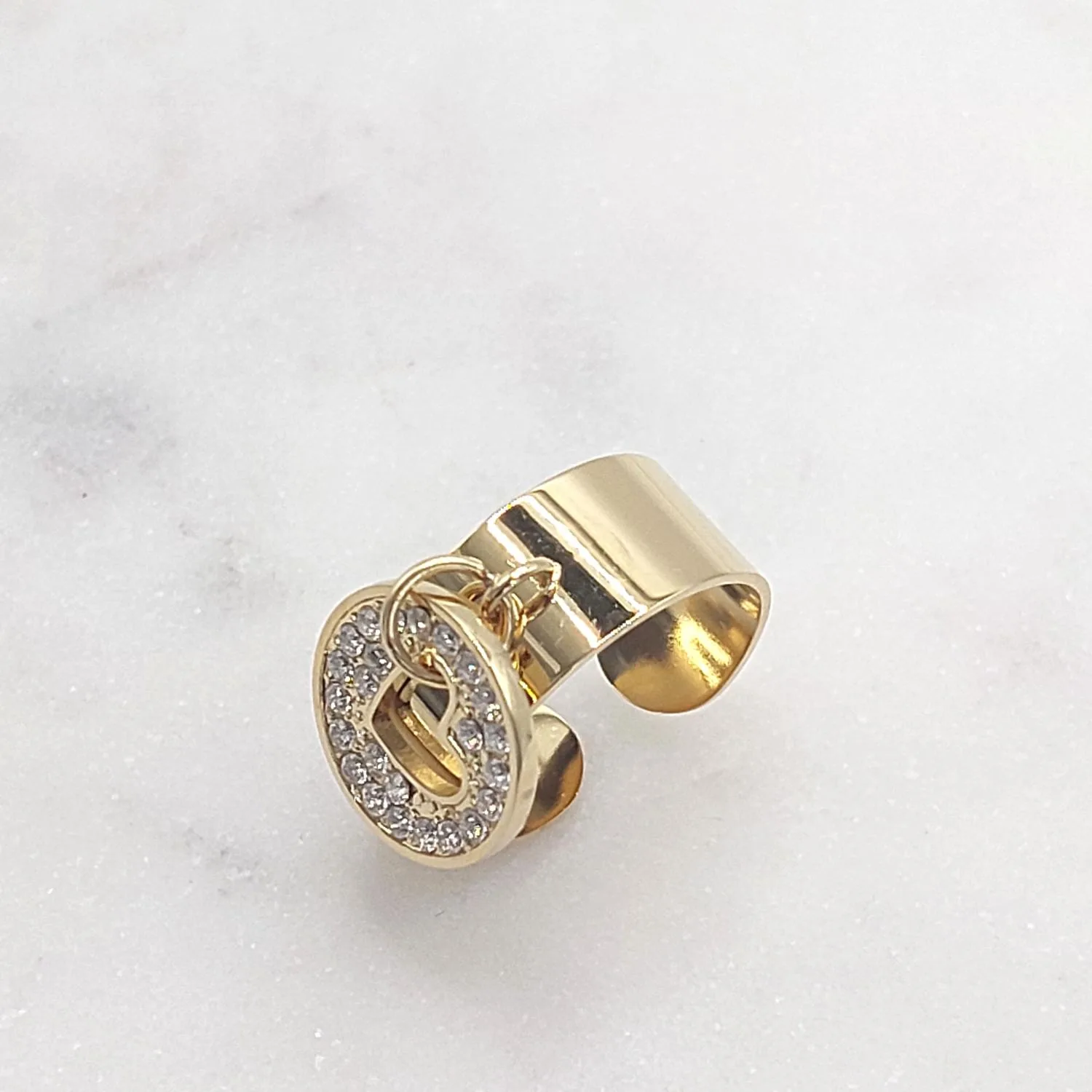 Bague breloque Cœur en acier inoxydable doré – Strass scintillants
