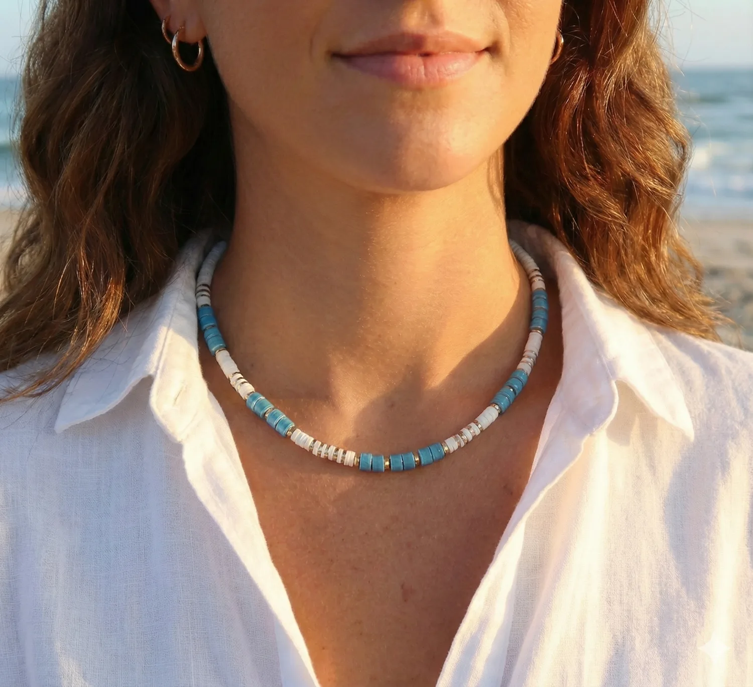 Collier surfeur Bohm - Perles en céramique bleu turquoise et coquillages