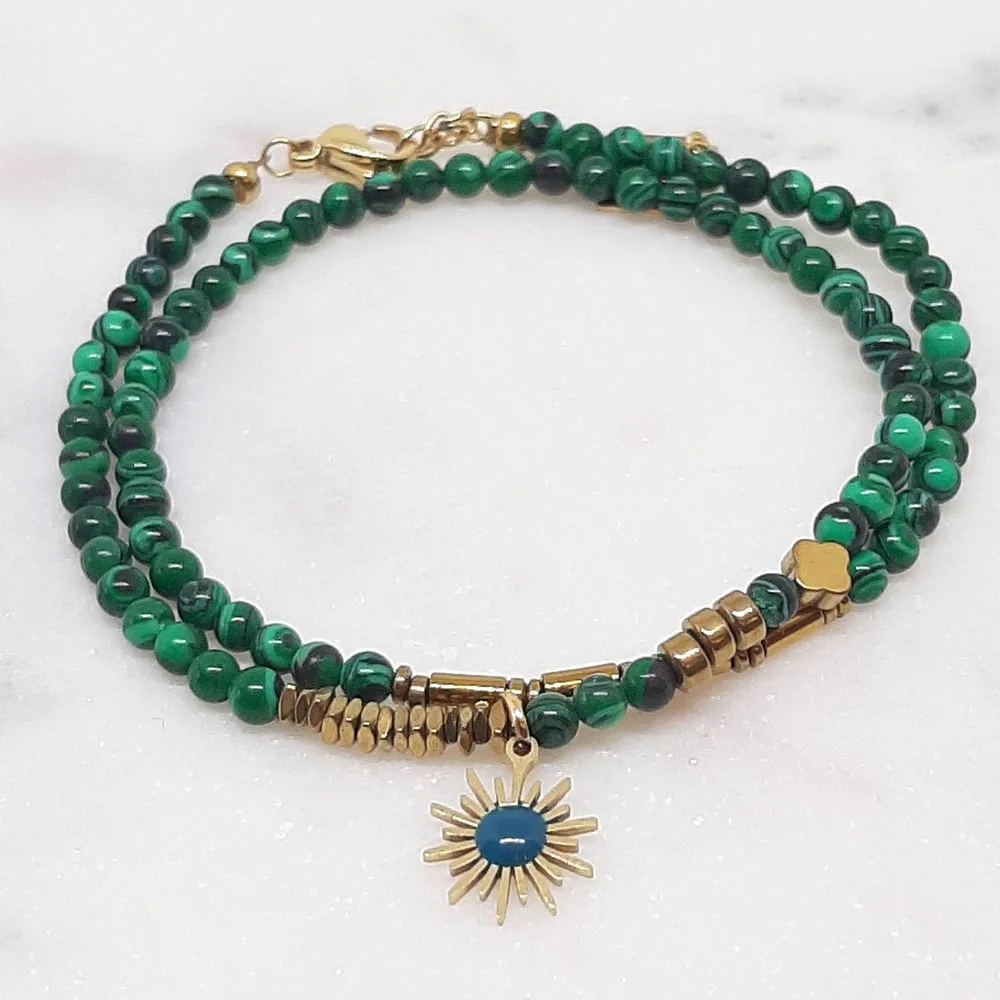 Bracelet multirang en jaspe vert avec pendentif Soleil