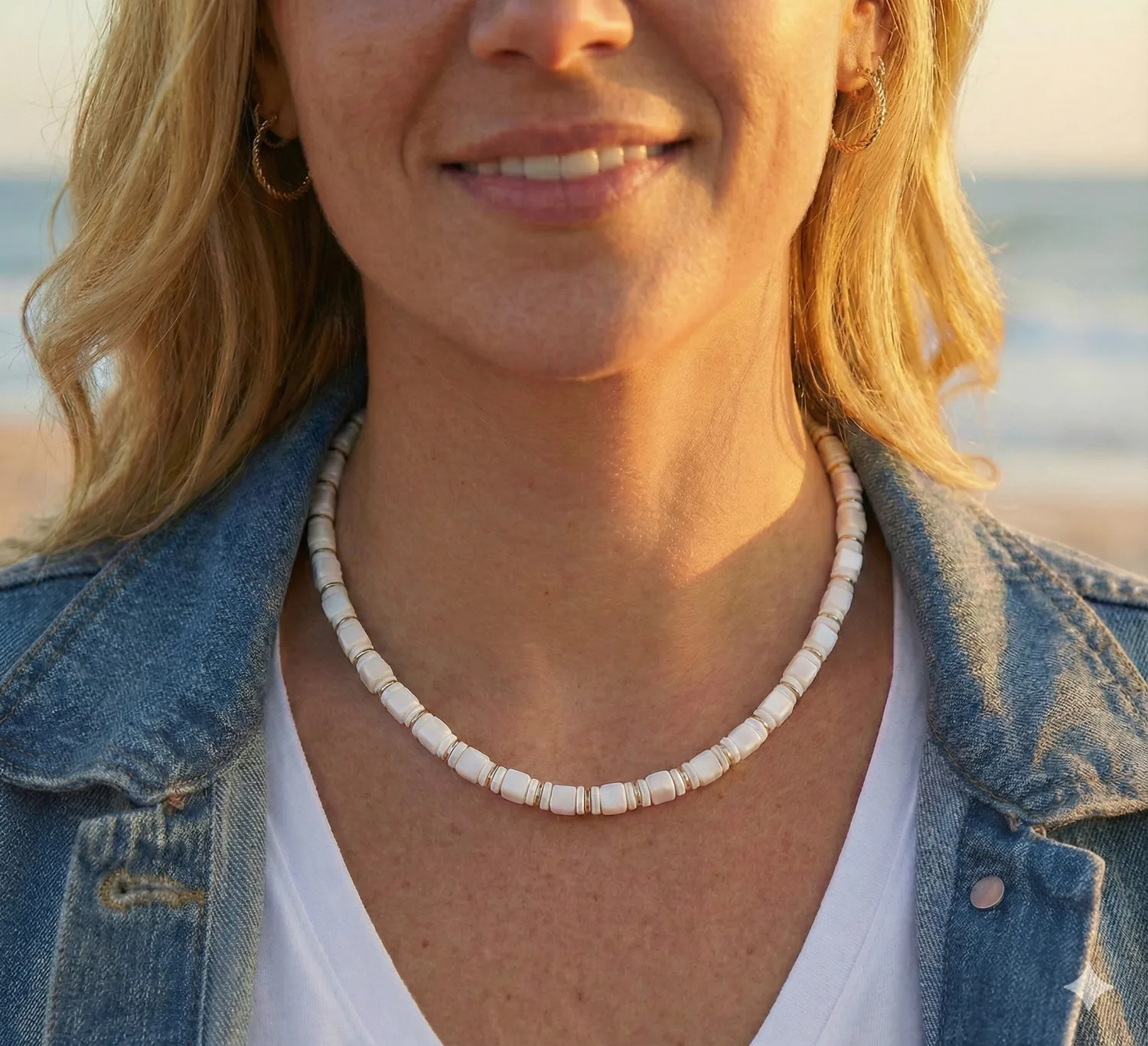 Collier surfeur Bohm - Perles carrées en céramique blanc et coquillages