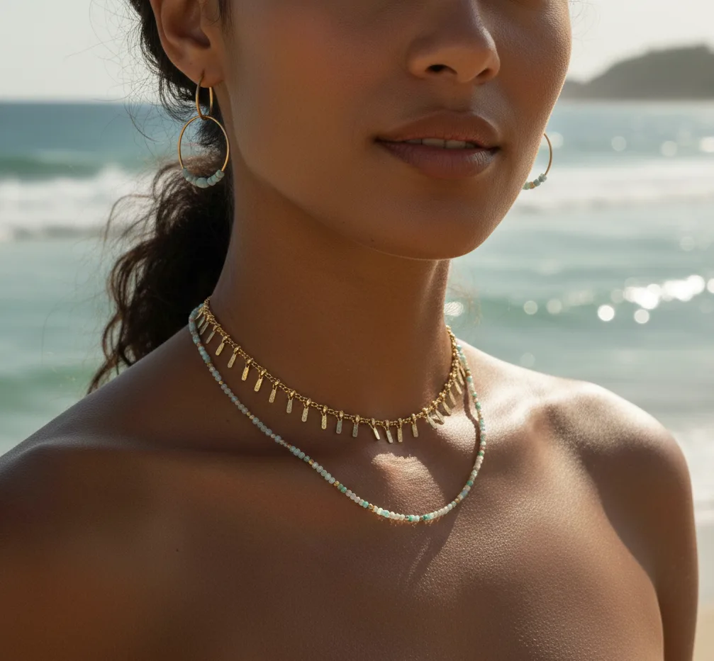 Collier multirang (perles fines en pierre naturelle et doré)
