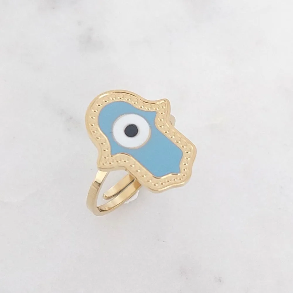 Bague main de Fatma bleue en acier inoxydable