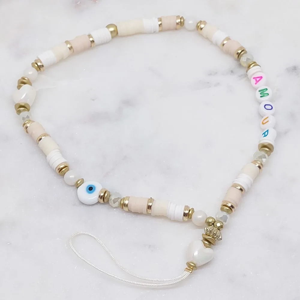 Bracelet téléphone perle, blanc "Amour et oeil"