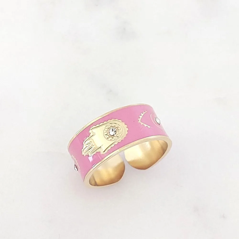Bague jonc rose main de Fatma en acier inoxydable doré avec strass