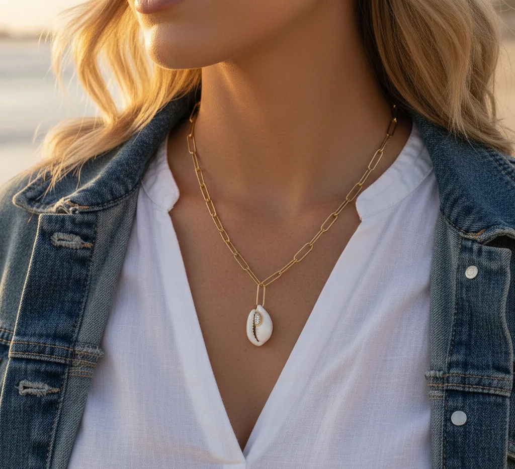 Collier maillons larges coquillage cauri (doré)