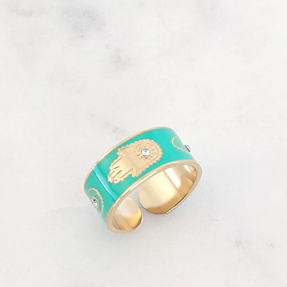 Bague jonc main de Fatma en acier inoxydable – Email vert menthe