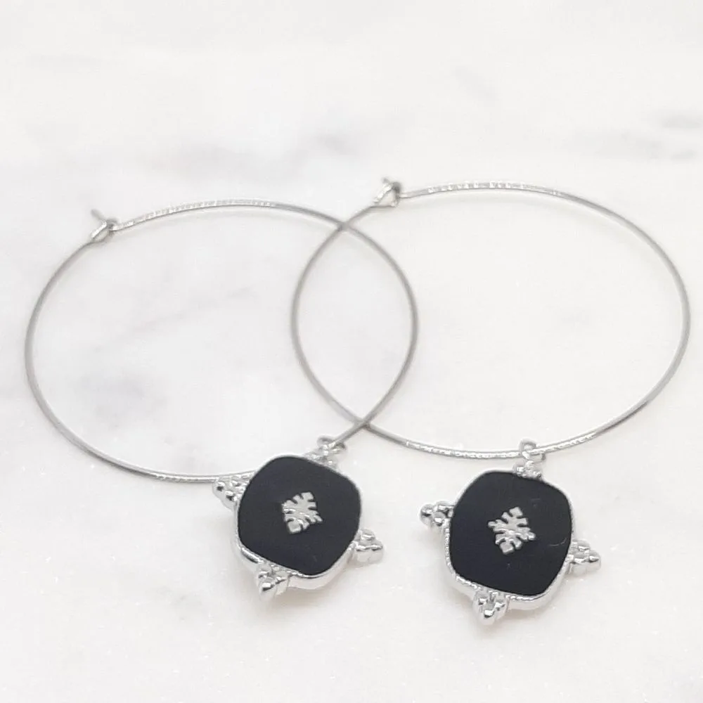 Boucles d'oreilles créoles avec pendentif noir (argent)