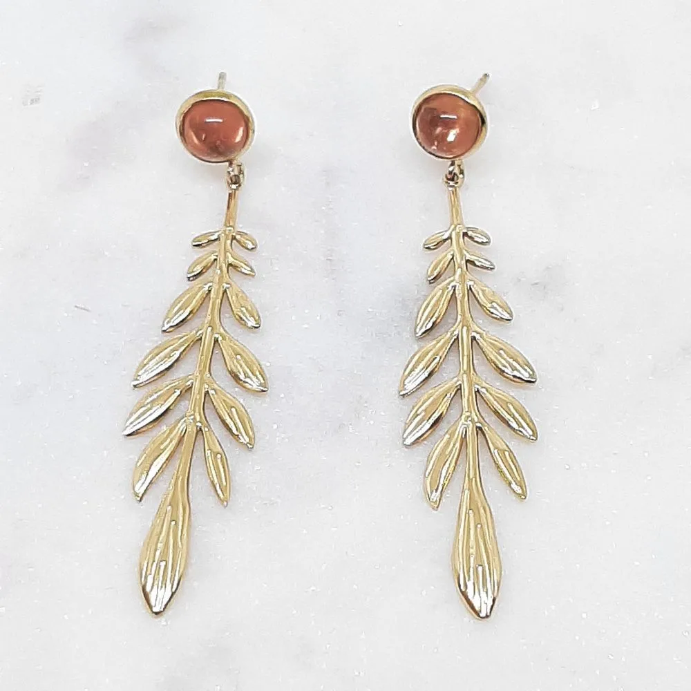 Boucles d'oreilles longues, feuille rhodonite/doré