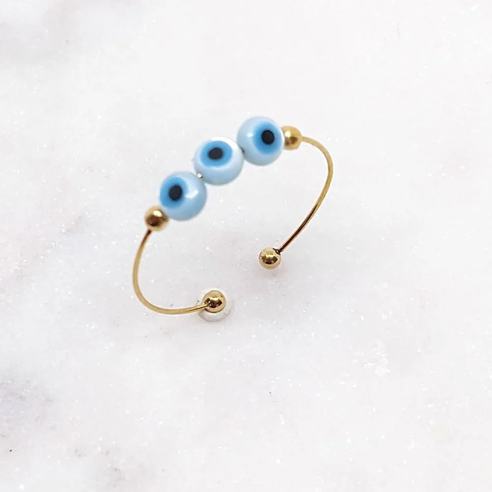 Bague fine dorée perles œil protecteur bleu MILE MILA