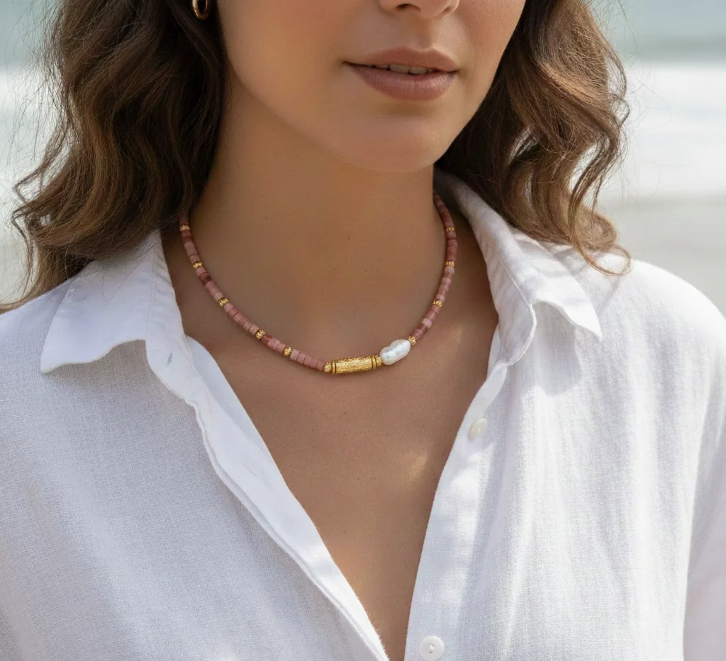 Collier surfeur (perles Rhodonite rose)