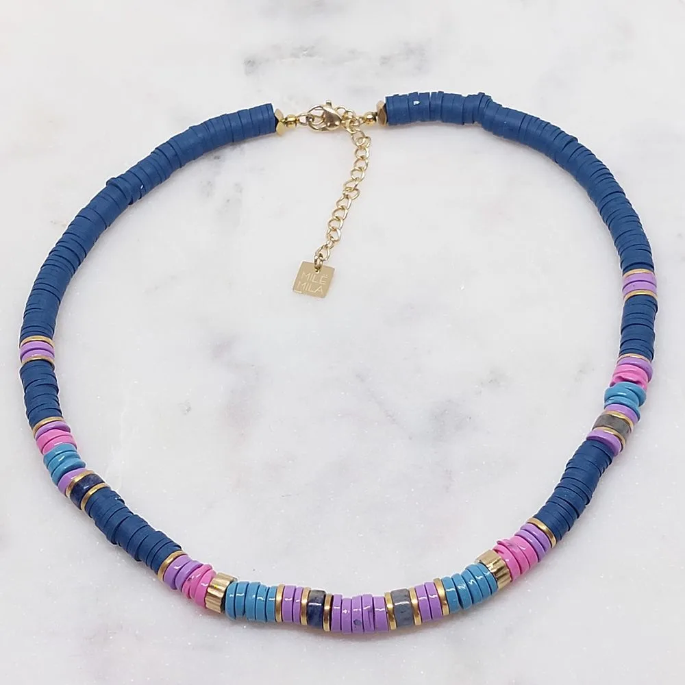 Collier surfeur (perles bleu/violet/doré)